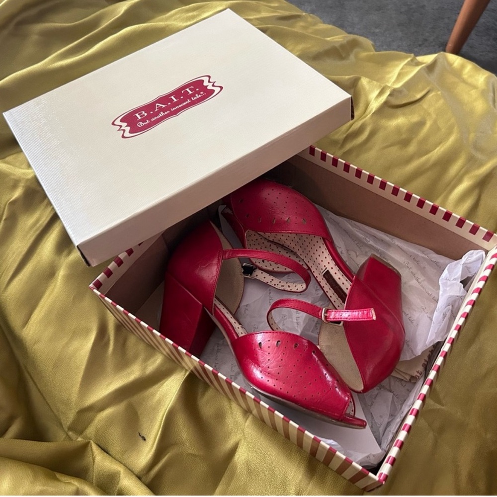B.A.I.T. Red Leather Vintage Style Peep Toe Ankle Strap